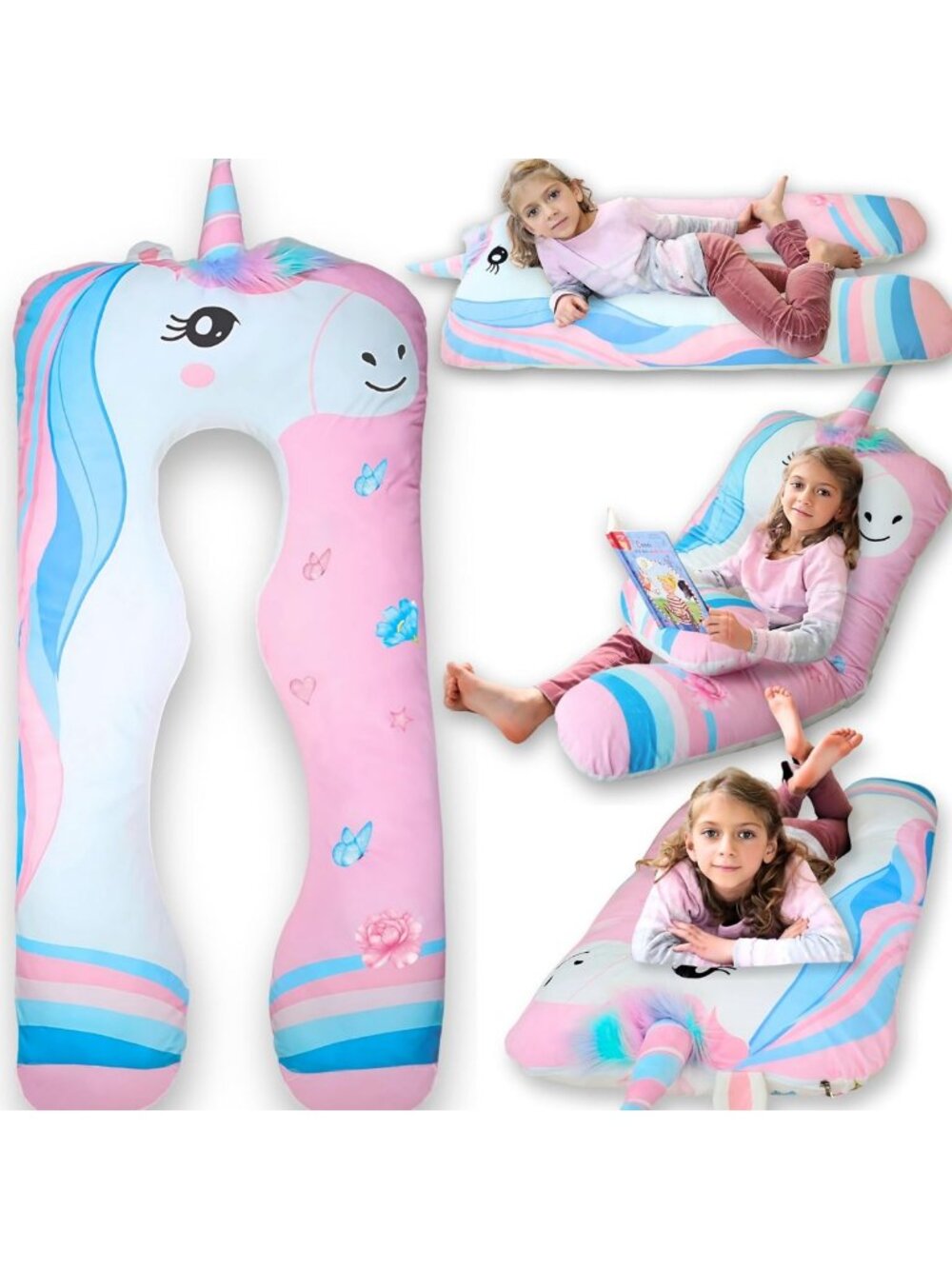 Unicorn U-Shape Kids Body Pillow - 47" Plush Soft Animal for Sleep & Comfort